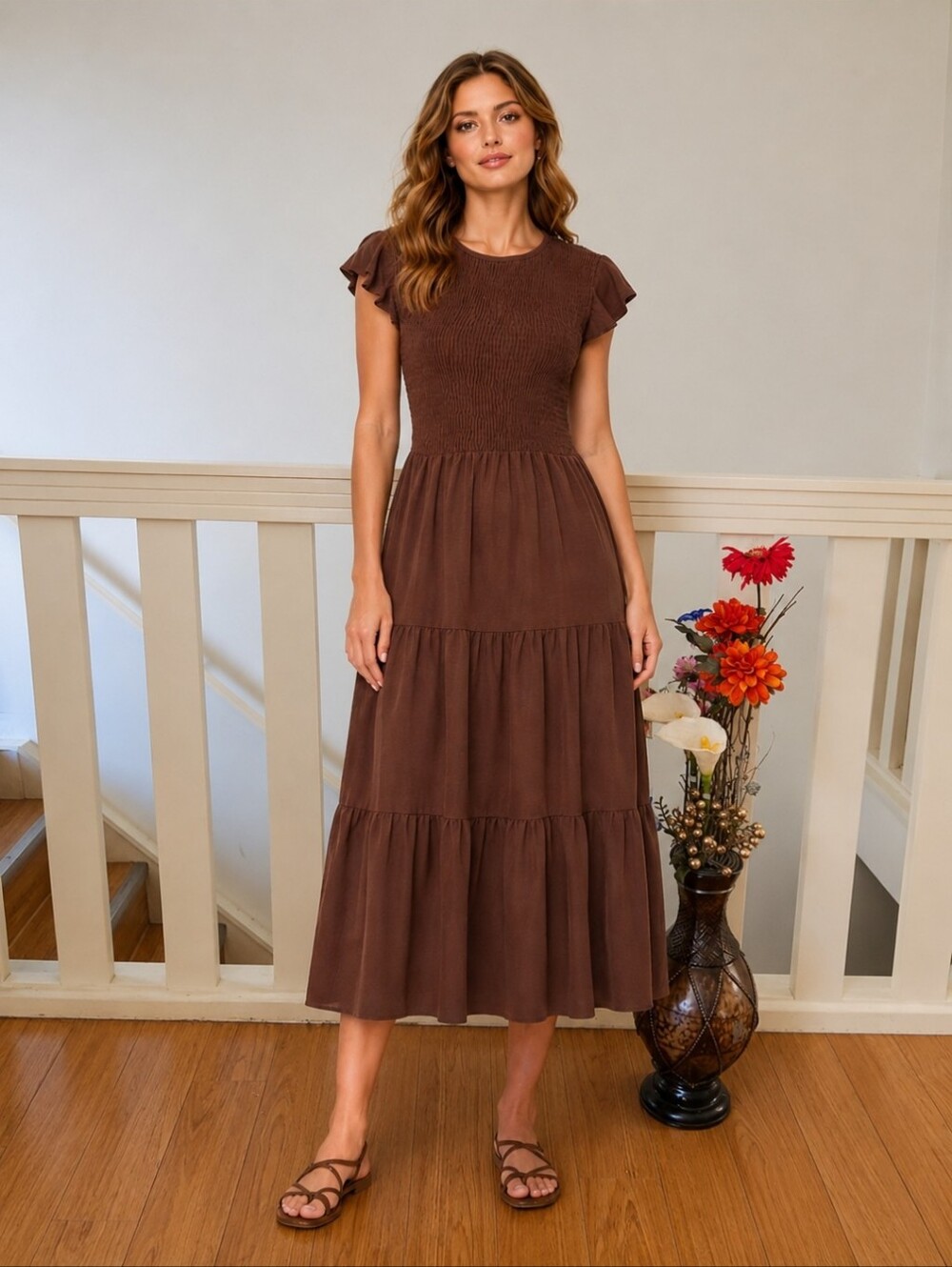 COLOODY Chocolate Brown Smocked Bodice Tiered Dress